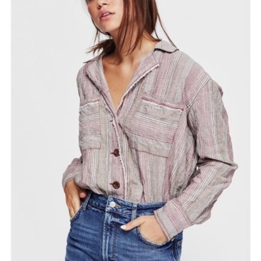 Free People Striped Button Down Shirt Pink Grey Cotton Blend XS Relaxed Fit